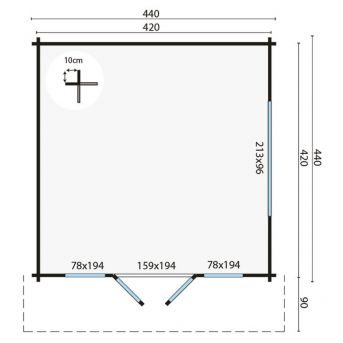 Grundriss Gartenhaus Derby 58mm 440x440+90cm Vordach