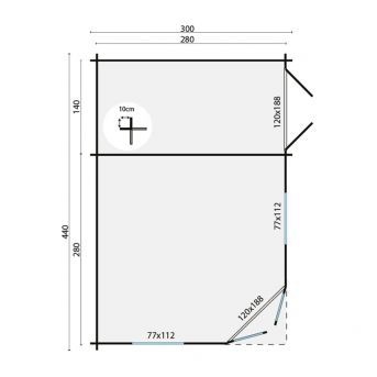Grundriss 5 Eck Gartenhaus Sigrid 28mm mit Nebenraum 440x300cm