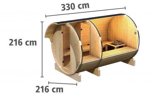 Karibu Massivholzsauna Fasssauna 330x216 cm | Wandstärke 42mm