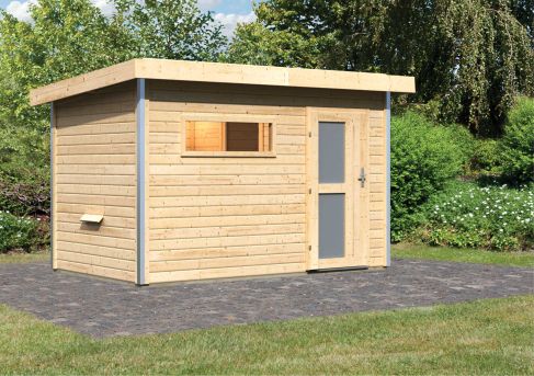 Karibu Massivholzsauna Saunahaus Skrollan 1 mit Vorraum | 337x196 cm | Wandstärke 38mm
