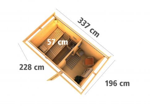 Karibu Massivholzsauna Saunahaus Skrollan 1 mit Vorraum | 337x196 cm | Wandstärke 38mm