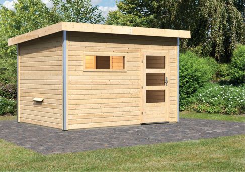 Karibu Massivholzsauna Saunahaus Skrollan 2 mit Vorraum | 337x231 cm | Wandstärke 38mm