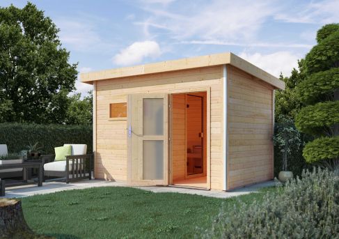 Karibu Massivholzsauna Saunahaus Skrollan 2 mit Vorraum | 337x231 cm | Wandstärke 38mm