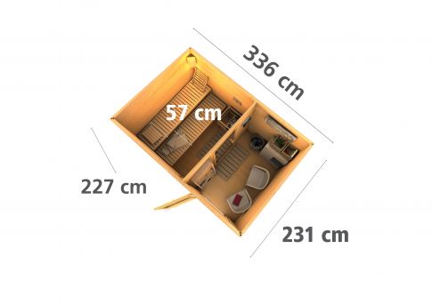 Karibu Massivholzsauna Saunahaus Skrollan 2 mit Vorraum | 337x231 cm | Wandstärke 38mm
