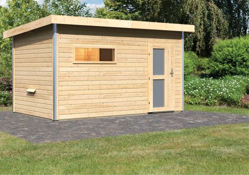 Karibu Massivholzsauna Saunahaus Skrollan 3 mit Vorraum | 393x231 cm | Wandstärke 38mm
