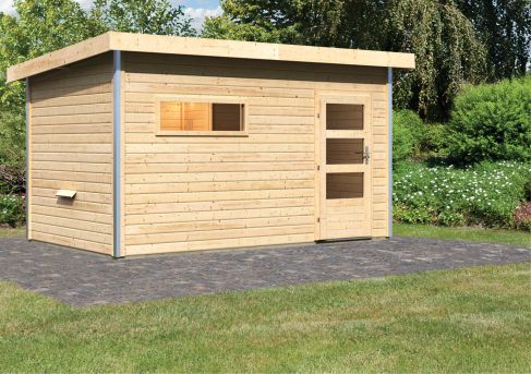 Karibu Massivholzsauna Saunahaus Skrollan 3 mit Vorraum | 393x231 cm | Wandstärke 38mm