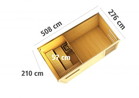 Karibu Massivholzsauna Saunahaus Hygge mit Vorraum | terragrau | 508x276 cm | Wandstärke 38mm