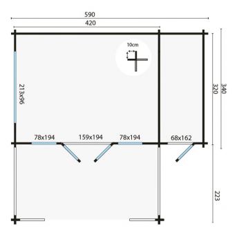 Grundriss Gartenhaus Coventry 58mm 440+150x340+223cm Terrasse