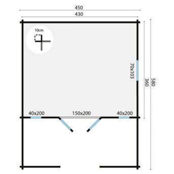 Grundriss Gartenhaus Heino 44mm 450x380+200cm Terrasse