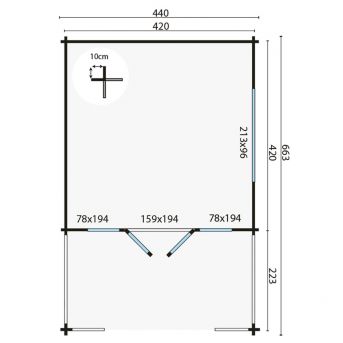 Grundriss Gartenhaus Ipswich 58mm 440x440+223cm Terrasse