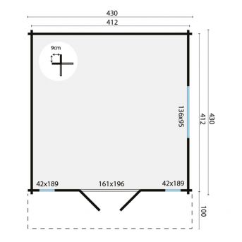 Grundriss Gartenhaus Laula 44mm 430x430+100cm Vordach