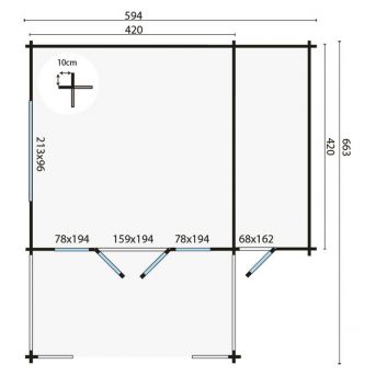 Grundriss Gartenhaus Manchester 58mm 440+154x440+223cm 