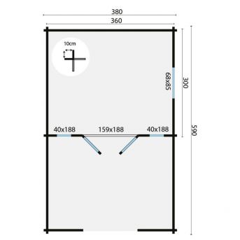 Grundriss Gartenhaus Sanstrov 44mm 380x320+270cm Terrasse