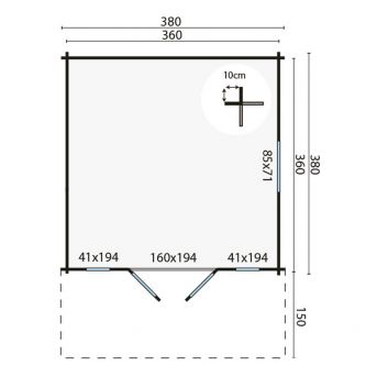 Grundriss Gartenhaus Sören 44mm 380x380+150cm Vordach
