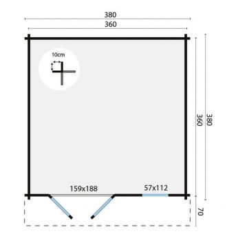 Grundriss Gartenhaus Ulrik 44mm 380x380+70cm Vordach