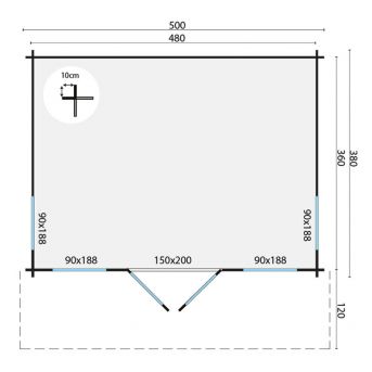 Grundriss Gartenhaus Yorick 44mm 500x380+120cm
