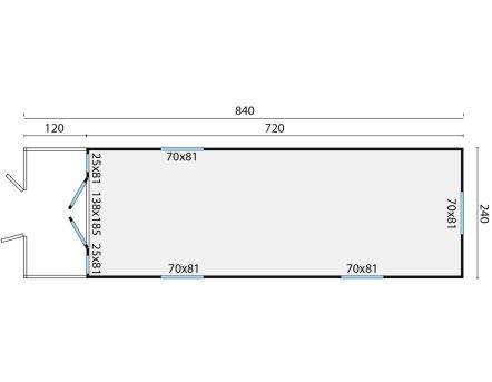 Grundriss Bauwagen 840 Jimmy mit Veranda 240x840cm