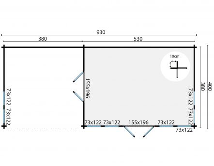 Grundriss Gartenhaus Big Ben 70mm 930x400cm