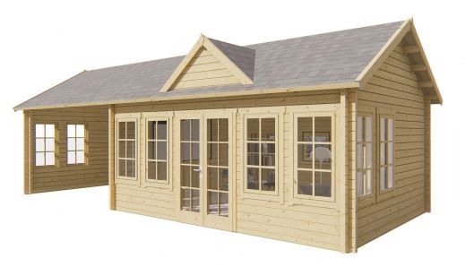 Seitliche Ansicht von Vorne Gartenhaus Big Ben 70mm 930x400cm