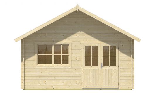 Ansicht Frontseite Gartenhaus Blockhaus Berlin 44mm 490x600cm