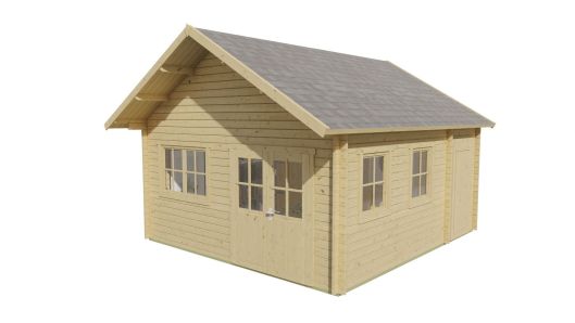 Seitliche Ansicht von Vorne Gartenhaus Blockhaus Berlin 44mm 490x600cm