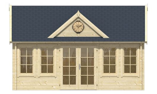 Ansicht Frontseite Gartenhaus Clockhouse Trevor 70mm 550x400cm
