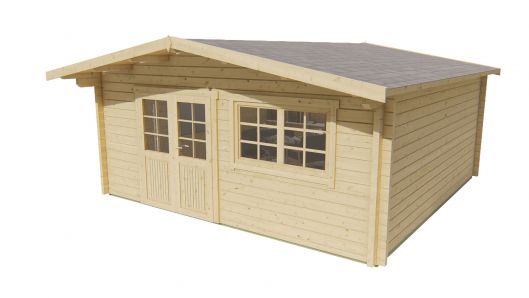 Seitliche Ansicht von VorneGartenhaus Dingle 70mm 500x500+70cm Vordach