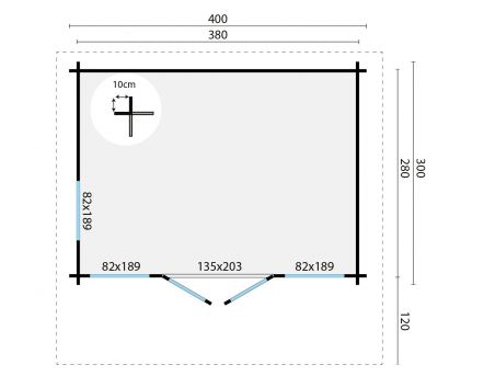 Grundriss Gartenhaus James 44mm 400x300+120cm Vordach