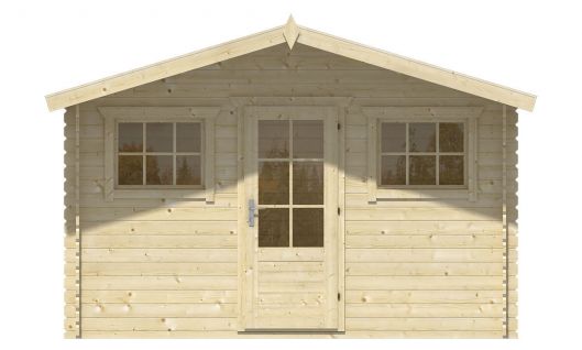Ansicht Frontseite Gartenhaus Mika 28mm 380x300 + 80cm Vordach