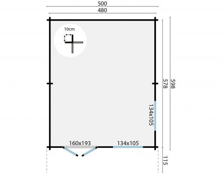 Grundriss Gartenhaus Niedersachsen 70mm 500x598+115cm Vordach