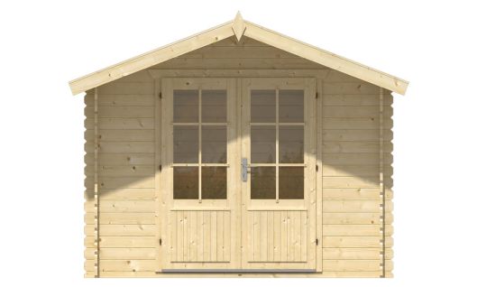 Ansicht Frontseite Gartenhaus Perlund 28mm 300x300 + 80cm Vordach