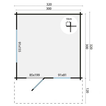 Grundriss Gartenhaus Riho 40mm 320x320+120cm Vordach