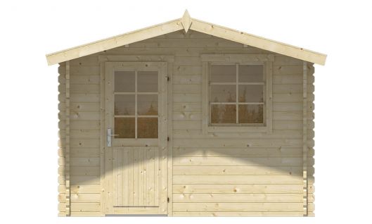 Ansicht Frontseite Gartenhaus Riho 40mm 320x320+120cm Vordach