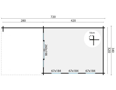 Grundriss Gartenhaus Skeg 44mm 720x340cm