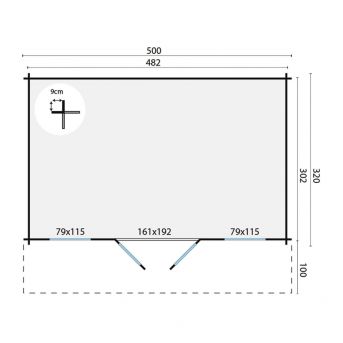 Grundriss Gartenhaus Skyler 28mm 500x320 + 100cm Vordach