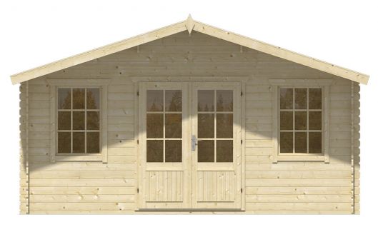 Ansicht Frontseite Gartenhaus Skyler 28mm 500x320 + 100cm Vordach