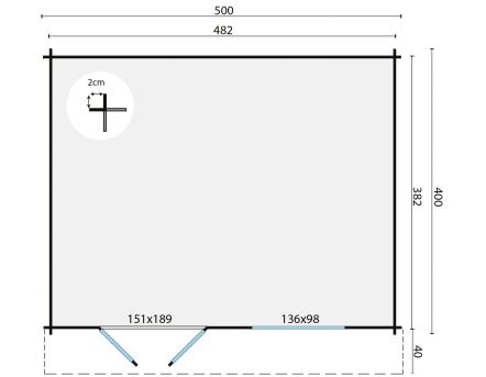 Grundriss Gartenhaus Toledo 34mm 500x400 + 40cm Vordach