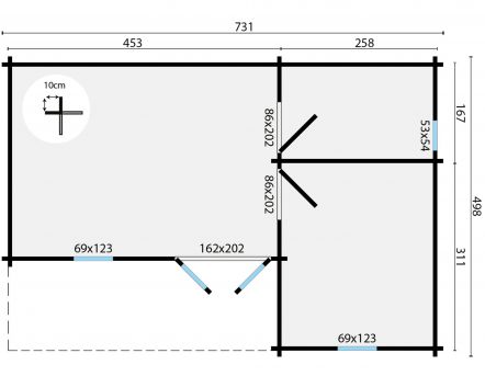 Grundriss Gartenhaus Wochenendhaus Ollie 70mm 498x731cm