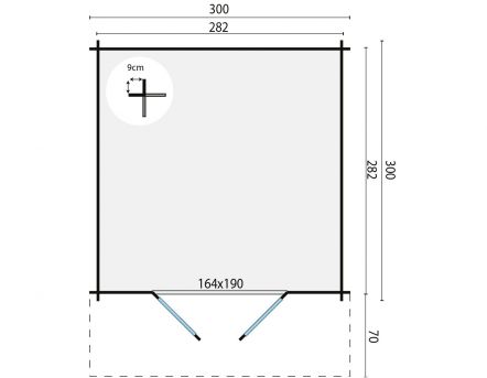 Grundriss Gerätehaus Gartenhaus Albacete 28mm 300x300cm + 70cm Vordach