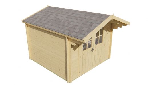 Seitliche Ansicht von Vorne Gerätehaus Gartenhaus Albacete 28mm 300x300cm + 70cm Vordach