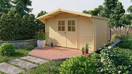 Gerätehaus Gartenhaus Murcia 34mm 400x300 + 70cm Vordach