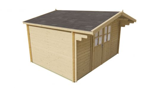 Seitlich Ansicht von Vorne Gerätehaus Gartenhaus Murcia 34mm 400x300 + 70cm Vordach