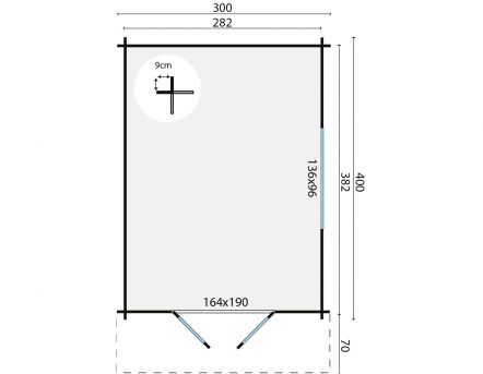 Grundriss Gartenhaus Pamplona 34mm 300x400 + 70cm Vordach
