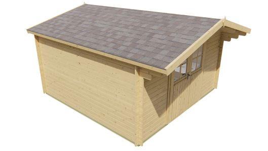 Seitliche Ansicht von Vorne Gerätehaus Gartenhaus Torrent 34mm | 400x400 + 70cm Vordach