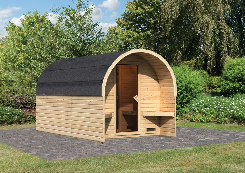 Karibu Massivholzsauna Fasshaus mit Vorraum 385x219 cm | Wandstärke 38mm