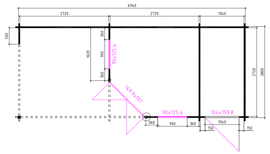 Grundriss 5 Eck Gartenhaus Sandra 40mm 714x300cm mit Anbau