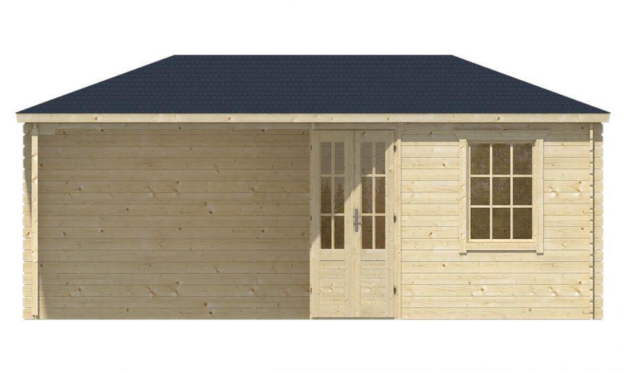 Ansicht Frontseite 5 Eck Gartenhaus Markku 28mm 575x300cm