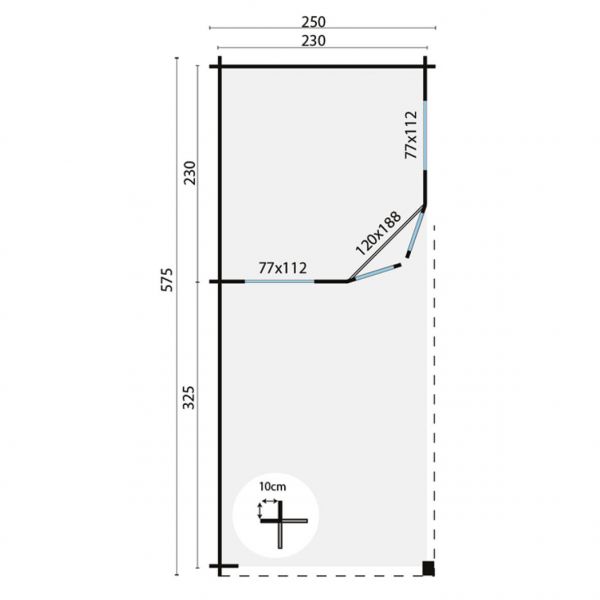 Grundriss 5 Eck Gartenhaus Niklas 28mm 575x250cm