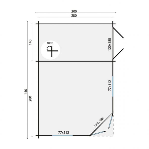 Grundriss 5 Eck Gartenhaus Sigrid 28mm mit Nebenraum 440x300cm