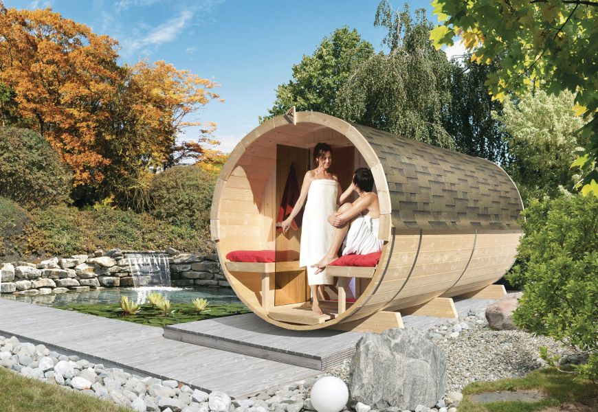 Karibu Massivholzsauna Fasssauna 330x216 cm | Wandstärke 42mm